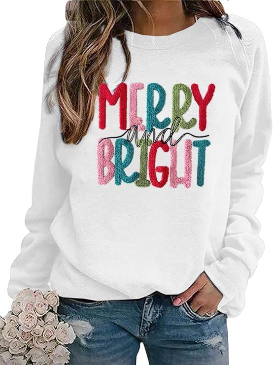 Christmas Sweatshirt Women Merry And Bright Christmas Pullover Shirt Novelty Chenille Patch Xmas Gift Holiday Top