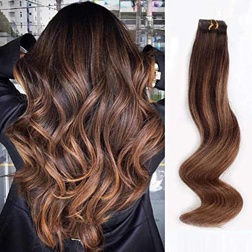 ABH AmazingBeauty Hair Sun-kissed Human Hair Tape Extensions Balayage Invisible Double Sided Real Remy Human Hair Skin Weft, 50g 20pcs, Chestnut Brown with Darkest Brown B2-6, 16 Inch …