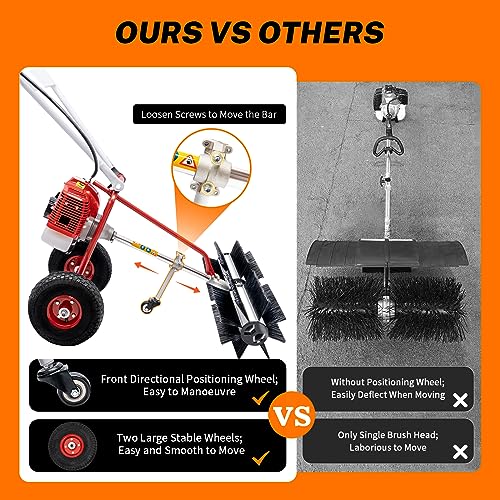 Walk-Behind Sweeper Broom Gas Power, 2-Stroke 43CC 1.7HP Gasoline Snow Sweeper Broom Cleaning Machine, Artificial Grass Power Broom Brush Sweeper