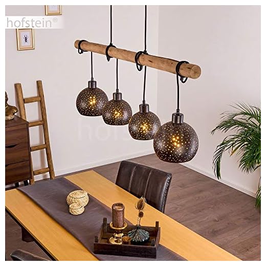 HOFSTEIN Pendelleuchte Imana 4-flammige Deckenlampe aus Metall in schwarz und kupferfarben, Vintage Look, Pendellampe mit Holz in Natur für Esszimmer, Küche, 4 x E27, höhenverstellbar bis max. 120cm