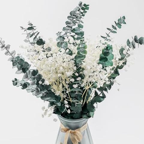 20+Pcs Dried Baby Breath Flowers Eucalyptus Bouquets - Natural Real Bouquets,17” Gypsophila Eucalyptus Stems Bulk Wedding Floral Arrangement Party Home Decoration,Bridal Bouquet Home Vase Cover