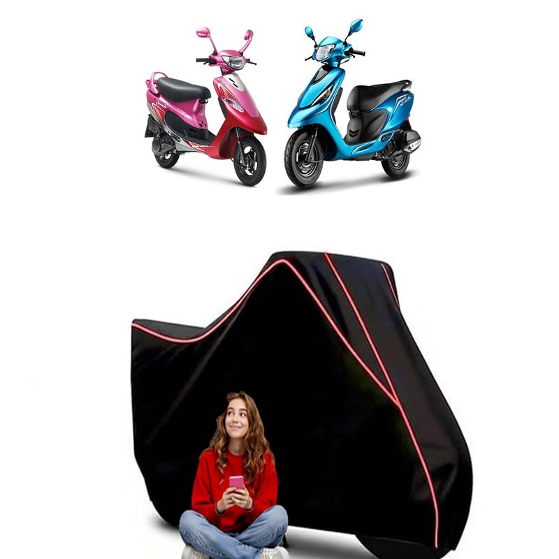 Image of Pep Plus Scooty Bike Cover Water Resistant Outdoor Use Universal Fit Scooters Motorcycles Heavy Duty UV Protection Dust Rain Scratch Resistant Elastic Bottom Black Blue Piping