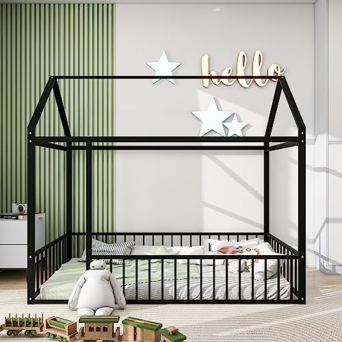 image for Bellemave Twin Size Montessori Floor Bed, Metal House Bed Frame, House