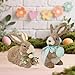 DR.DUDU Set of 2 Easter Decorations Bunny Figurines with Eggs, Spring Straw Rabbit Tabletop Decor, Rustic Sisal Bunny Statues Springtime Decor for Home Table Office Kitchen Farmhouse