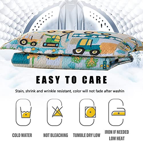 Kids Quilt Set Twin Size, 3-Piece Lightweight Children Bedding Coverlet Reversible Bulldozer Excavator Car Taxi Van Bus Vehicles Design Bedspread With Matching Shams #TOP6