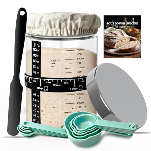 Kmiyivi Sourdough Starter Jar Glass, 35oz Wide Mouth, Glass Jar for Sourdough Starter Kit Beginners, Sourdough Bread Starter Kit, Sourdough Discard jar with Lid, Recipe, Cover, Spoon