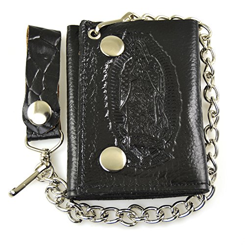 BodyJewelryOnline Biker Chain Wallet Genuine Leather Stamp Virgin Guadalupe Tri Fold