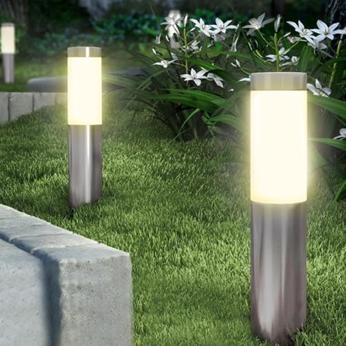 Solar Pathway Lights Outdoor Garden LED Path Lighting 2 Pack Waterproof Wireless Simple Style Stainless Steel Decoration for Patio Driveways Landscape Lawn Yard (Warm Light Small)