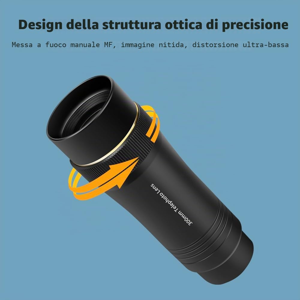 Andoer Obiettivo per telefono cellulare 300 mm per smartphone, zoom 10X, con clip universale per obiettivo, panno per la pulizia, custodia per escursioni, campeggio, osservazione degli animali, luna,