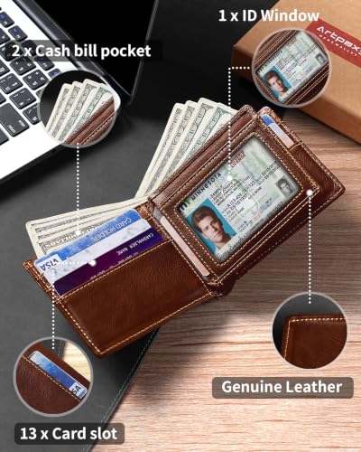 Image of Artpaxy Mens Wallet Bifold Genuine Leather RFID Blocking Wallet for Men with 1 ID Window 13 Card Holders 2 cash pockets 1 Gift Box