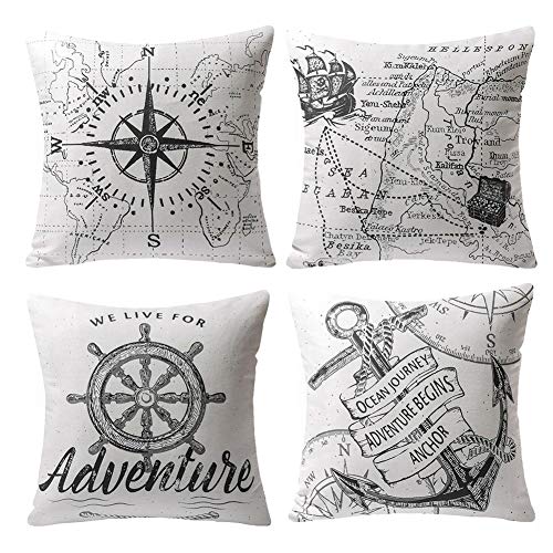 Gspirit Ocean Série Boussole Papier Géographique Ancre Navigation Lot de 4 coussins pour canapé, décoration en coton, linge de lit, housse de coussin 45 x 45 cm