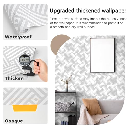 Cohoo Home Modern Peel and Stick Wallpaper Boho Contact Paper for Cabinets and Drawers Geometric Wall Paper Gray White Removable Self Adhesive Wallpaper for Bedroom Bathroom Waterproof 17.3inW 393inL by Cohoo Home - Used condition - Image 4