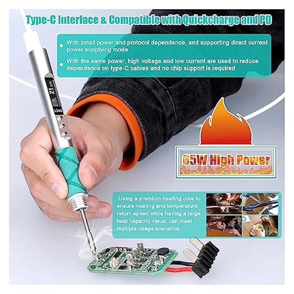 Lödning kit Svetsutrustning, Smart elektrisk lödkolv, 65W Typ-C DC PD Dubbel strömförsörjning Temperaturjustering Bärbar lödstation (Color : Zwart, Size : 1)