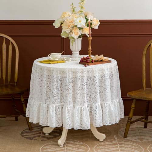 GLORY SEASON Lace Round Tablecloth with Flower and Leaf Pattern Fabric Ivory White Table Cloth Cover for Wedding Buffet Banquet Parties Event Holiday and Farmhouse Kitchen Dining Decor 60 Inch