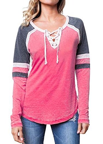 Famulily Women's Lace Up Front Long Sleeve Tops Striped Crewneck Raglan Baseball Tee Shirt(L,Pink)