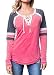 Famulily Women's Lace Up Front Long Sleeve Tops Striped Crew Neck Raglan Baseball Tee Shirt(L,Pink)