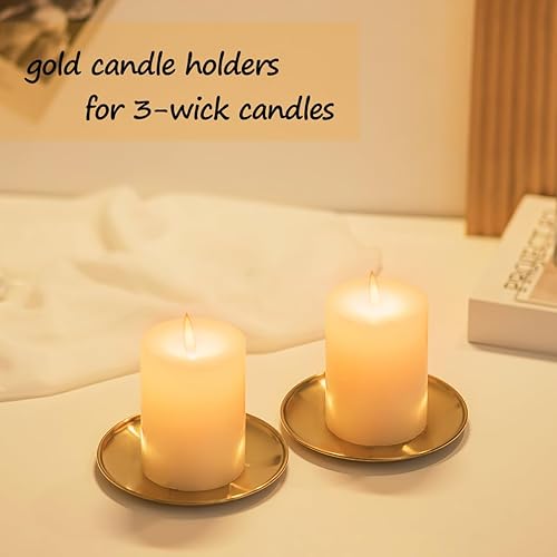 Miniatura 9 de Romadedi Portavelas de hierro Portavelas dorado para velas de pilar, juego de 2 bandejas pequeñas para velas de pilar, soporte de vela de metal