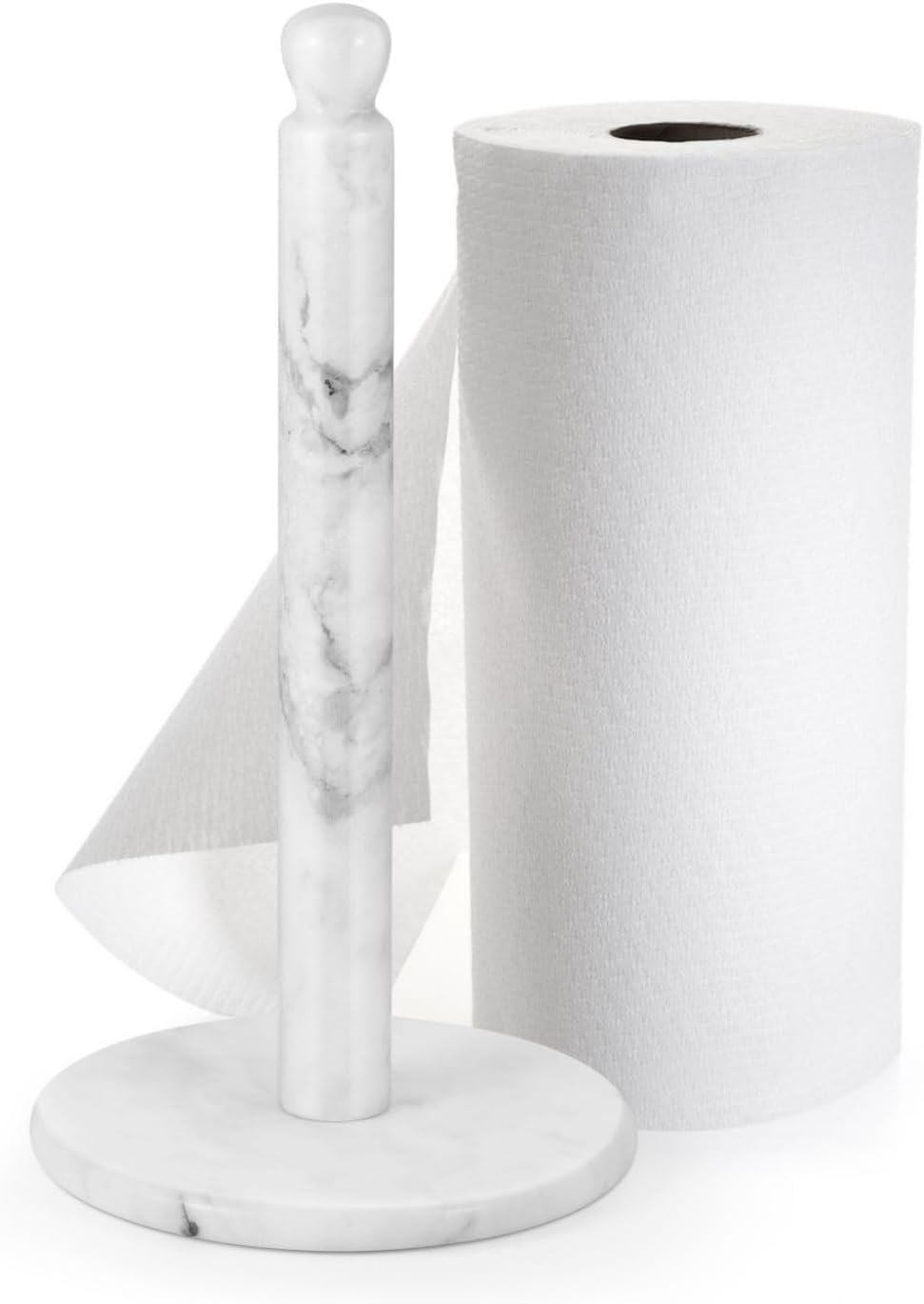 Flexzion Marble Paper Towel Holder 12 inch (White) - Kitchen Countertop Paper Towel Holder Stand Rack with Roll Dispenser Pole and Weighted Marble Base for Tables Home Dining Bathroom Storage