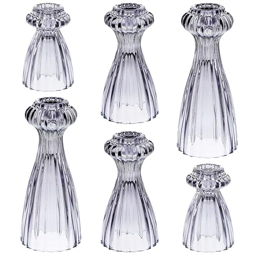 Lysenn Glass Candlestick Holders, Taper Candle Holders Set of 6, Smoke Gray