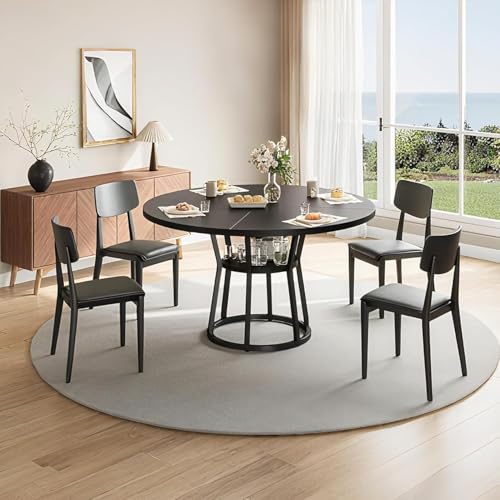 47 Inch Round Dining Table for 4, Farmhouse Kitchen Table with Storage Shelves, Space-Saving Wood Dining Room Furniture, Circle Table with Metal Legs for Small Spaces by PeacefulHues - Image 7