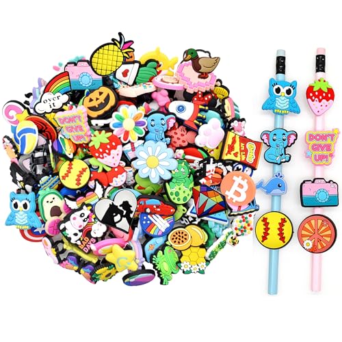 Papacharms Lot Random Different Decorative Pencil Toppers 105Pack Cute Cool Pencil Charms Clips Bulk PVC Pen Topper for School Prize Classroom Reward Student Gifts