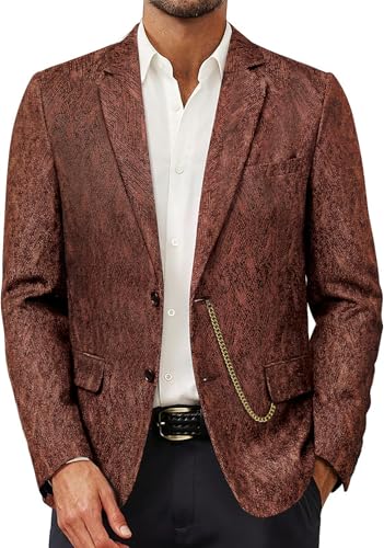Barry Wang Mens Tweed Blazer Rust Two Button Sport Coat Formal Vintage Meeting Dinner Daily Father's Day Suit Jacket with Chain