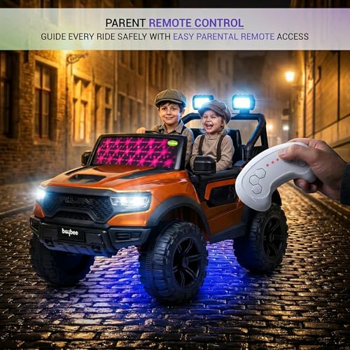 Image of Baybee 4x4 TurboX Pro Electric Car for Kids with Remote Control | Baby Electric Rideon Cars with Swing Mode, RGB Lights & Music | Rechargeable Battery Operated Jeep for Kids 2+ Years (Metallic Orange)
