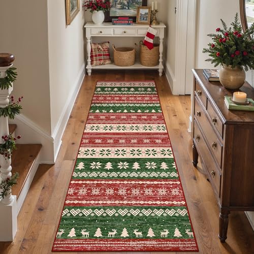 PureCozy Weihnachtsteppich Läufer, 60 x 180 cm Waschbar rutschfest Roter Teppiche Weihnachtsdeko Innen für Wohnzimmer Schlafzimmer Küche Kinderzimmer Eingangsbereich Weihnachtsbaum, Kurzflor