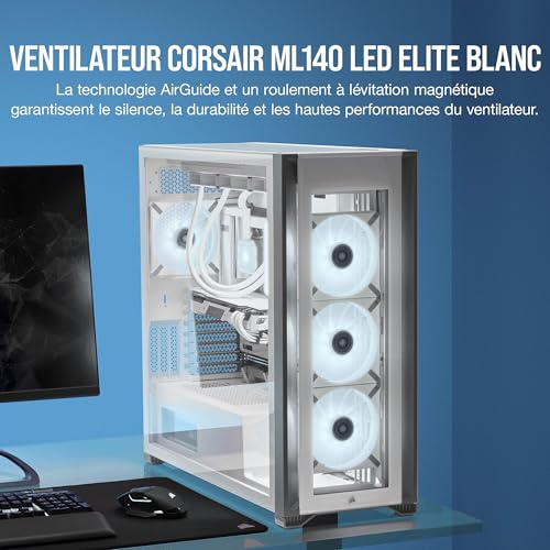 Corsair ML140 LED Elite, Ventilateur LED Blanc 140 mm PWM (Technologie Corsair AirGuide) Pack Simple - Blanc