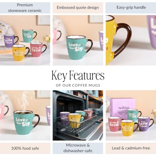Image of Nestasia Ceramic Coffee Mugs Set of 4 (210ml Each) - Quirky Quotes Tea & Coffee Cups with Glossy Finish | Microwave & Dishwasher Safe Cups - Ideal for Gifting
