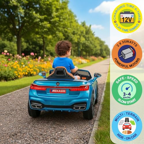 Image of MEKASHI Electric Ride-On Car for Kids 1-7 Years, 12V Battery, Remote Control, 5 Speed, LED Lights, Bluetooth, Metallic Blue