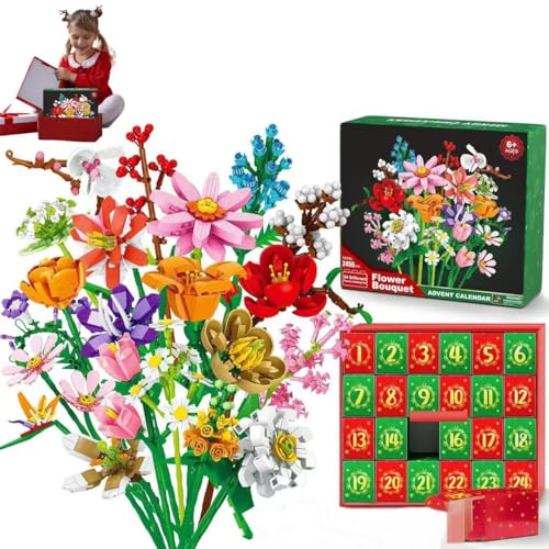 Flower Advent Calendar 2025, 24 Days Flower Bouquet Christmas Countdown Advent Calendar with 24 Flower Model Building Decoration, Bouquet Blocks Advent Calendar for Kids Adults Teens (Daisy)