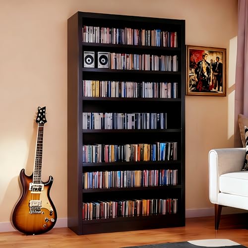 YILFANA Metal DVD Storage Cabinet, 7 Tier Tall Media Storage Shelf with Adjustable Shelves, Freestanding CD & DVD Rack Tower Bookshelf for Living Room, Home Entertainment,Black