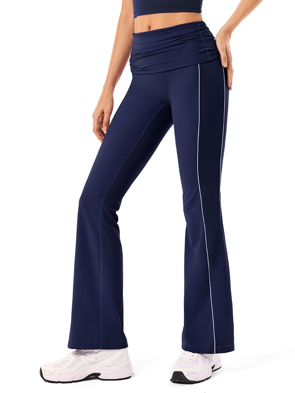 Womens Fold Over Pants Flare Workout Leggings No Front Seam Side Striped Yoga Pants for Athleisure Wear