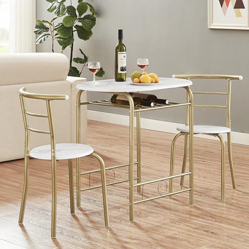 Image of VECELO 3-Piece Dining Table Set for Kitchen Breakfast Nook, Wood Grain Oval Tabletop and Metal Frame with Built-in Wine Rack, for Small Spaces, 31.5 inch, White & Gold