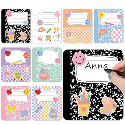 32 Pcs Composition Notebook Name Tag Stickers Colorful Checkered Desk Nameplate Labels Composition Classroom Decor Back to School Self-Adhesive Label Decals for Student Teacher Classroom Office 7x6 In