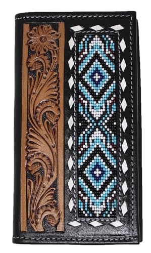 CHALLENGER Men's Western Rodeo Wallet Beaded Floral Tooled Leather Checkbook Cover 18FKW15