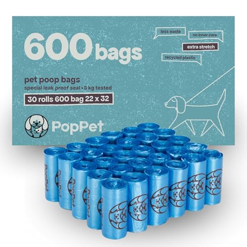 Poppet, Sacchetti Igienici Extra Stretch per Escrementi Cani, Resistenti, Facili da Aprire e a Prova di Perdite, in Materiale Riciclato, per Tutti i Dispenser (Normali, 600 Sacchetti)