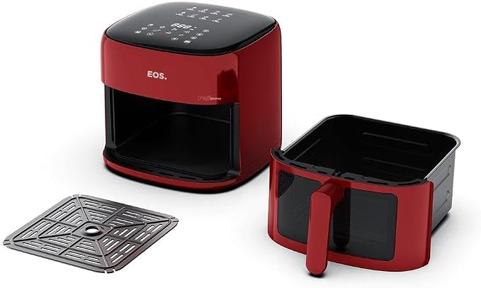 Vista explodida da Air Fryer EOS mostrando o cesto removível com visor e a grade interna