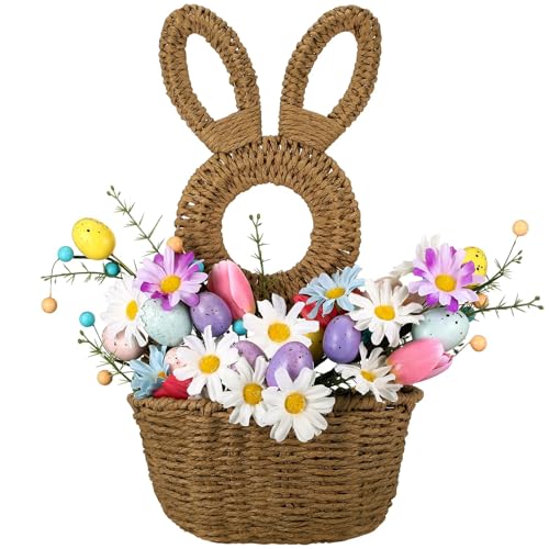 Easter Bunny Wicker Wall Basket, Handwoven Rattan Seagrass Bunny Door Basket for Front Door Porch Decor, Farmhouse Hanging Storage Pocket Bunny Wreath for Spring Easter Treats & Outdoor Decor