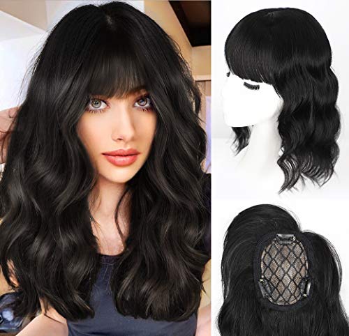 Kookastyle Natural Black Wave Curl Hair Toppers with Bangs for Women with Thinning Hair Crown and Front Hairline Synthetic Hair Clip in Hair Top Hairpieces 14 Inches