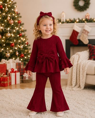 Image of SODLON Baby Girl Clothes Toddler Fall Winter Outfits Ruffle Long Sleeve Bow Top Flared Pants Set Bell Bottom Clothing 18M-5T