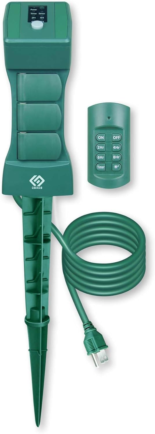 Outdoor Remote Control Power Stake with Photocell Timer 2/4/6/8 Hour Countdown, Dusk to Dawn, 3 Grounded Outlets 6FT Cord, UL Listed, Green