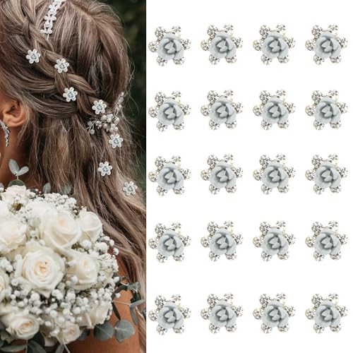 YISSION 20Pcs Mini White Flower Rhinestone Hair Clips, Small Decorative Hair Clips, Wedding Hair Barrettes, Bridal Hair Accessories for Girls & Women