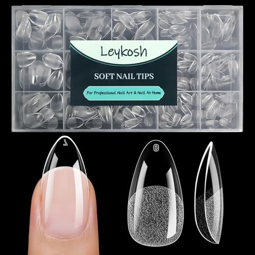 Image of Leykosh Medium Almond Nail Tips - 15 Sizes 330PCS Soft Gel Fake Nails, Half Matte Full Cover Pre-Shaped Clear Press On Acrylic Nails No C Curve Gift for Extension, DIY Home Manicure Beauty Gifts