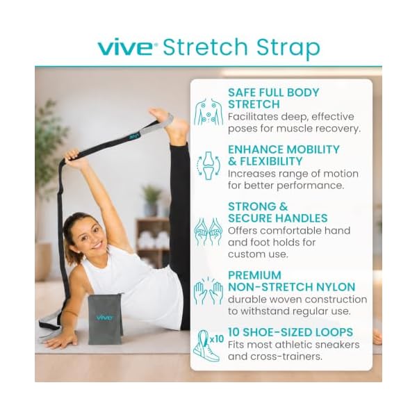 Vive Stretch Strap (75" - 10 Loops) - Leg Stretch Band to Improve Flexibility - Stretching Out Yoga Strap - Exercise and Physical Therapy Belt for Rehab, Pilates and Gymnastics with Guide Book - Image 2