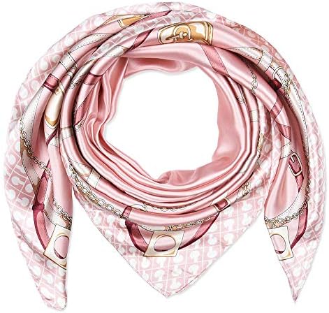 corciova 35 x 35 Women Silk Hair Scarf Pale Pink Chains Belts Curly Headband Tie Sleeping at Night Fashion Bandana Headscarf
