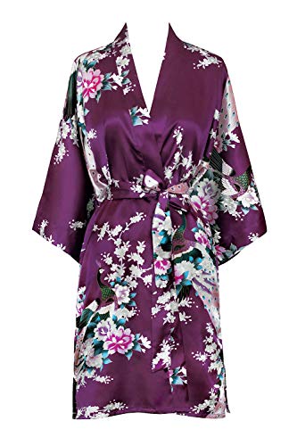 OLDSHANGHAI Women's Satin Kimono Robe Short - Peacock & Blossoms - Plum (Purple)