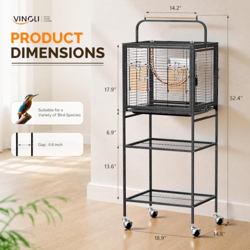 Image of VINGLI Small Bird Cage with Rolling Stang, 52 inch Wrought Iron Parakeet Cage with Wooden Perch and Storage Shelves for Parrot Lovebirds Finches Small /Medium Birds (Black with Stand)