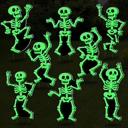 BOUTICOL 8 Pcs Halloween Glow in The Dark Skeleton Yard Signs Outdoor Decoration Fluorescent Skeleton Ghost Yard Signs with Stakes for Lawn Garden Front Yard Cemetery Decor
